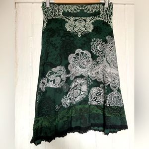 Desigual knit assymetrical skirt, green & black paisley, stretch waist, size S.
